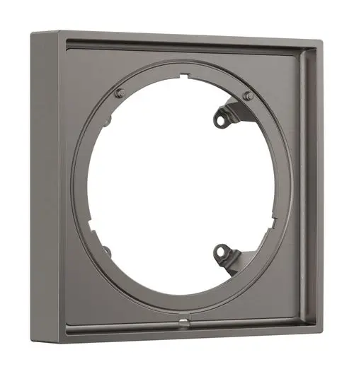 Eckige Verlängerungsrosette aus Metall mit einer runden Öffnung in der Mitte. Das Finish ist gebürstetes Schwarzchrom. Produkt von Hansgrohe.